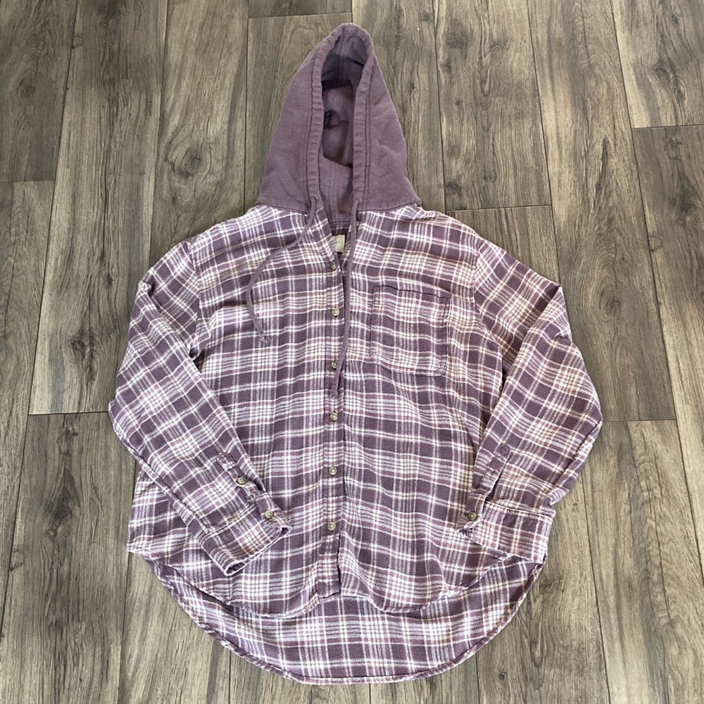 Ladies American Eagle Outfitters Purple Button Up Shirt with Hood Size Small